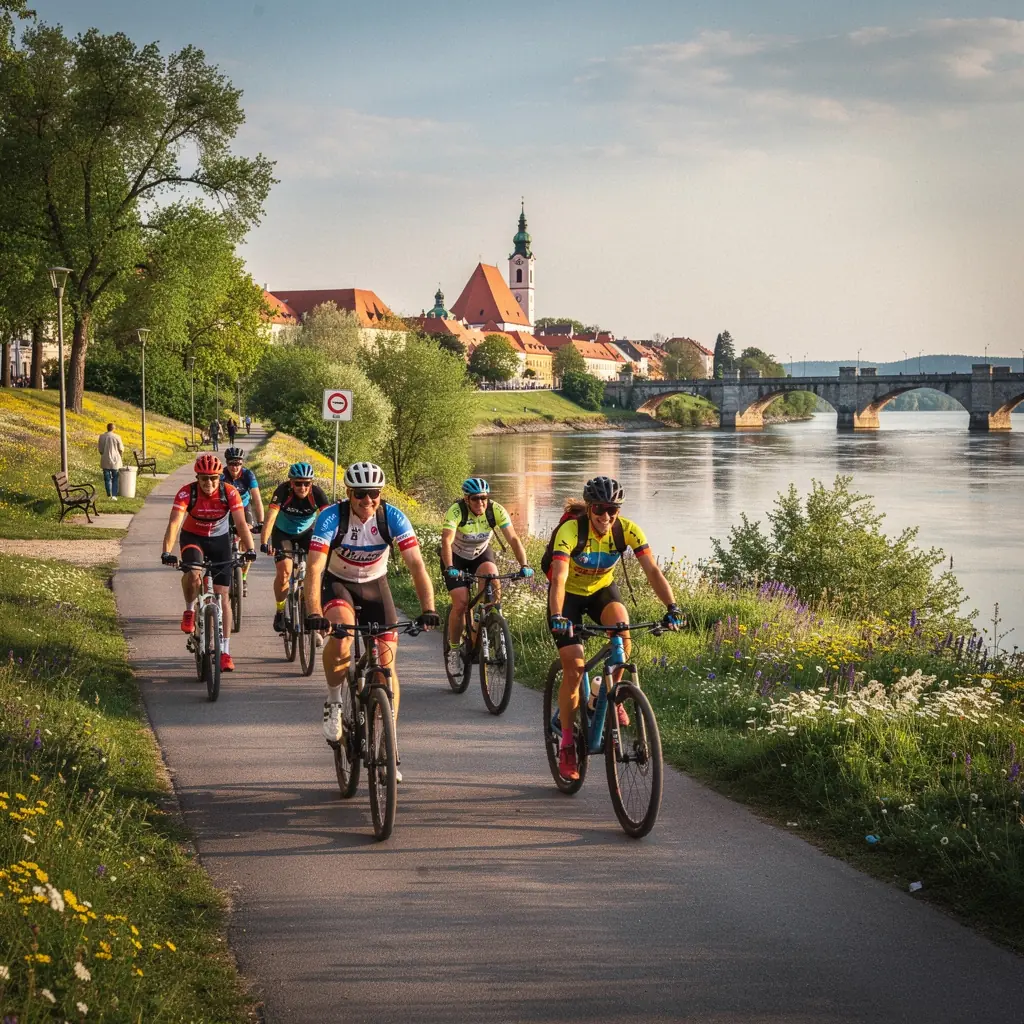 Charming riverside town with colorful buildings lining the banks of the Danube, showcasing local architecture and culture.