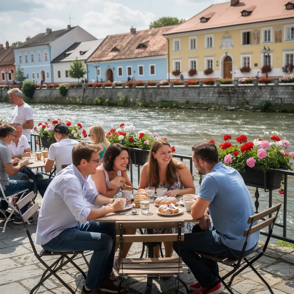 A vibrant market scene in a riverside town, featuring local crafts, fresh produce, and visitors engaging with vendors.