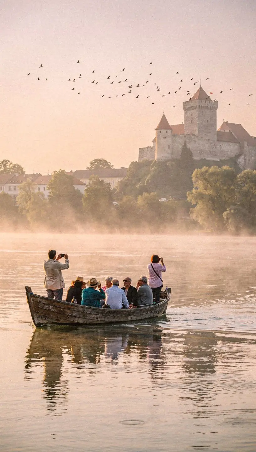 A close-up of traditional Slovak cuisine served on a picnic table by the riverside, showcasing local flavors and ingredients.
